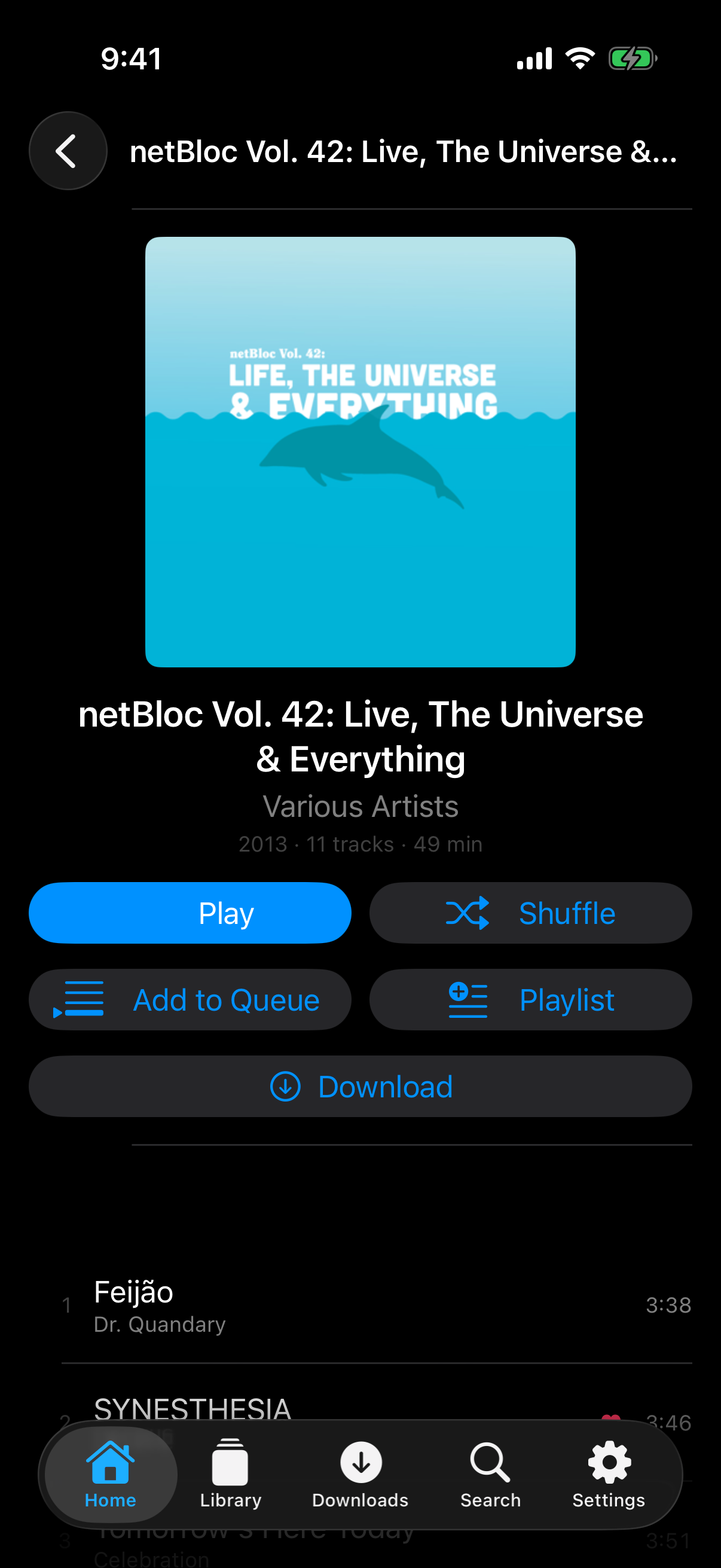 An album screen with Play, Shuffle, Add to Queue, Playlist and Download buttons