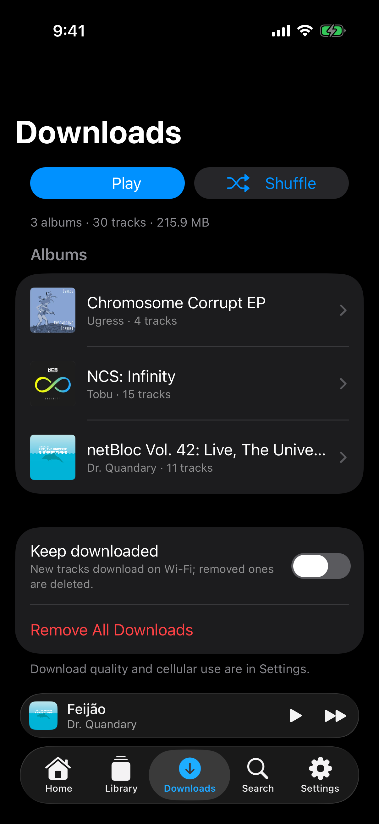 The Downloads screen listing three downloaded albums with a Keep downloaded switch